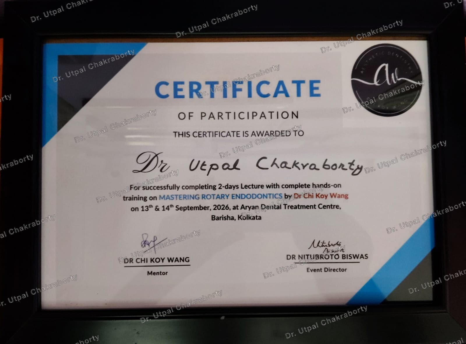 Dr. Utpal Chakraborty — Certificate of Participation, Mastering Rotary Endodontics (Latest training on Root Canal Treatment)